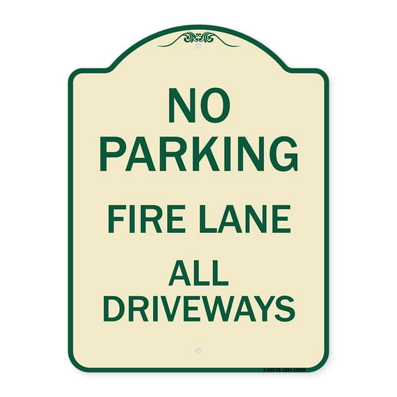SignMission Designer Series Sign - Fire Lane All Driveways | Tan & Green 18" x 24" Heavy-Gauge Aluminum Architectural Sign | Protect Your Business & Municipality | Made in the USA