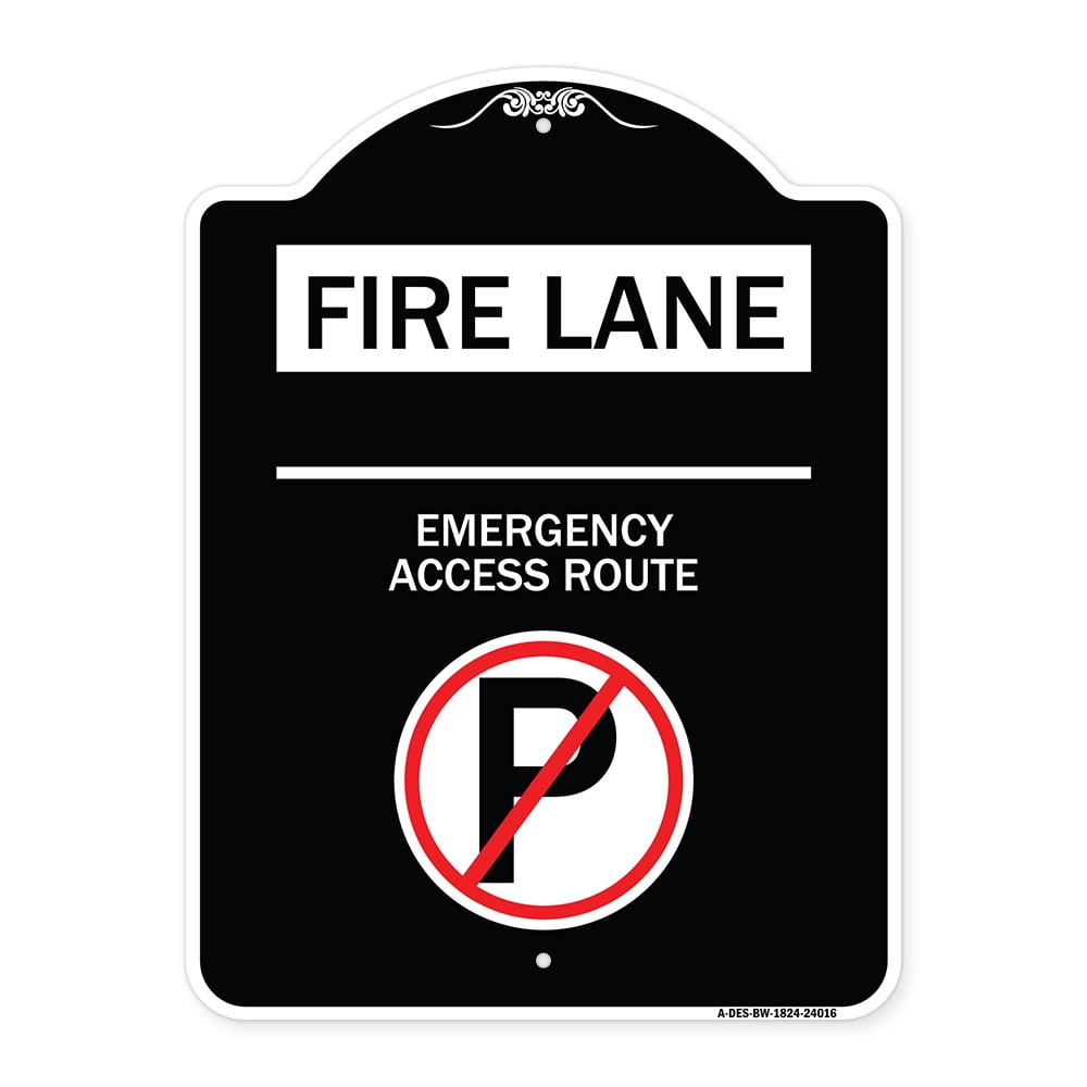 SignMission 18 x 24 in. Designer Series Sign - Fire Lane Emergency Access  Route with No Parking Symbol, Red & White 