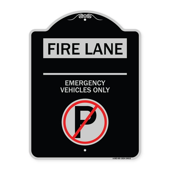 SignMission Designer Series Sign - Fire Lane - Emergency Vehicles Only (With No Parking Symbol | Black & Silver 18" x 24" Heavy-Gauge Aluminum Architectural Sign | Made in the USA