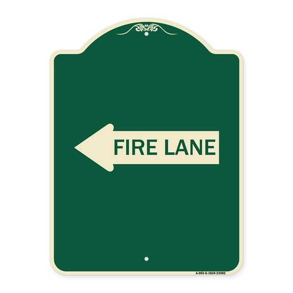 SignMission Designer Series Sign - Fire Lane Left Arrow | Green & Tan 18" x 24" Heavy-Gauge Aluminum Architectural Sign | Protect Your Business & Municipality | Made in the USA