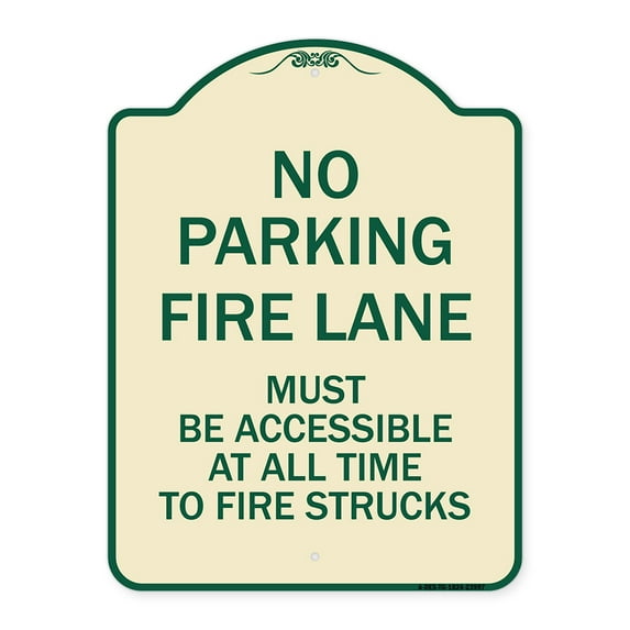 SignMission Designer Series Sign - Fire Lane Must Be Accessible at All Time to Fire Trucks | Tan & Green 18" x 24" Heavy-Gauge Aluminum Architectural Sign | Made in the USA