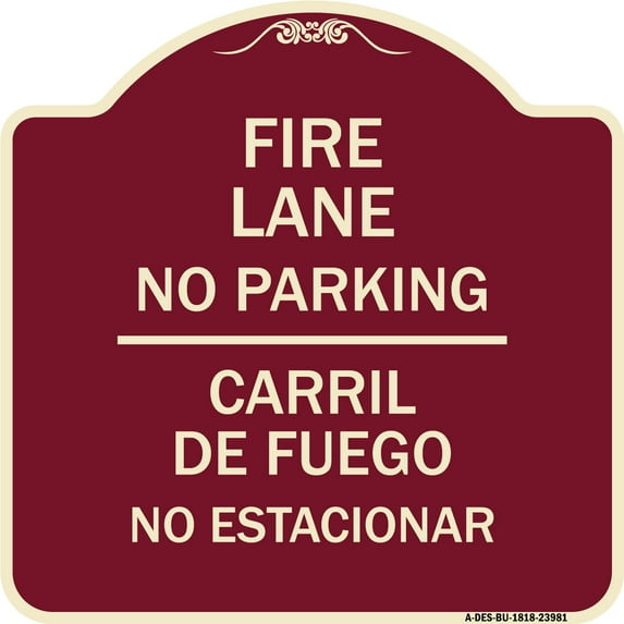 SignMission Designer Series Sign - Fire Lane No Parking - Carril De Fuege No Esta Conar | Burgundy 18" X 18" Heavy-Gauge Aluminum Architectural Sign | Made in the USA