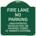 thumbnail image 1 of SignMission Designer Series Sign - Fire Lane No Parking Unauthorized Vehicles Will Be Ticketed Towed at Owners Expense | Green & Tan 18" X 18" Heavy-Gauge Aluminum Architectural Sign, 1 of 4