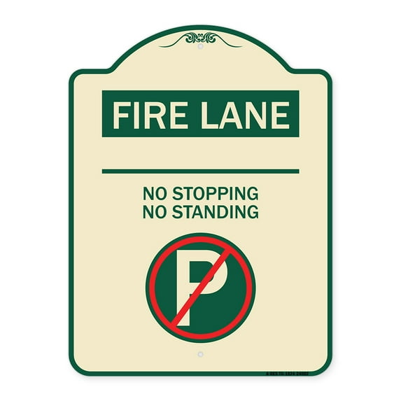 SignMission Designer Series Sign - Fire Lane - No Stopping No Standing (With No Parking Symbol) | Tan & Green 18" x 24" Heavy-Gauge Aluminum Architectural Sign | Made in the USA