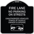 thumbnail image 1 of SignMission Designer Series Sign - Fire Lanes No Parking on Streets Unauthorized Vehicles Towed at Owner Expense with Graphic | Black & Silver 18" X 18" Heavy-Gauge Aluminum, 1 of 4