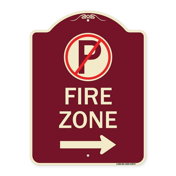 SignMission Designer Series Sign - Fire Zone (No Parking Symbol and Right Arrow) | Burgundy 18" x 24" Heavy-Gauge Aluminum Architectural Sign | Protect Your Business & Municipality |