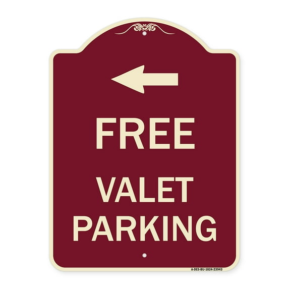 SignMission Designer Series Sign - Free Valet Parking with Left Arrow | Burgundy 18" x 24" Heavy-Gauge Aluminum Architectural Sign | Protect Your Business & Municipality | Made in the