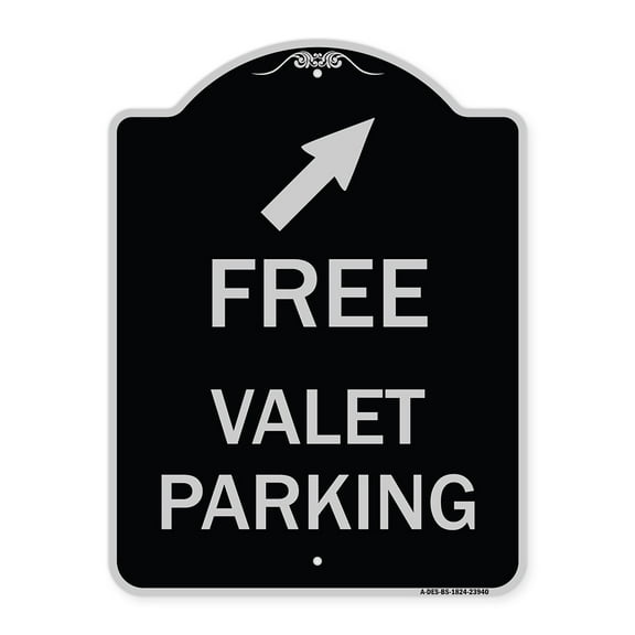 SignMission Designer Series Sign - Free Valet Parking with Upper Right Arrow | Black & Silver 18" x 24" Heavy-Gauge Aluminum Architectural Sign | Made in the USA