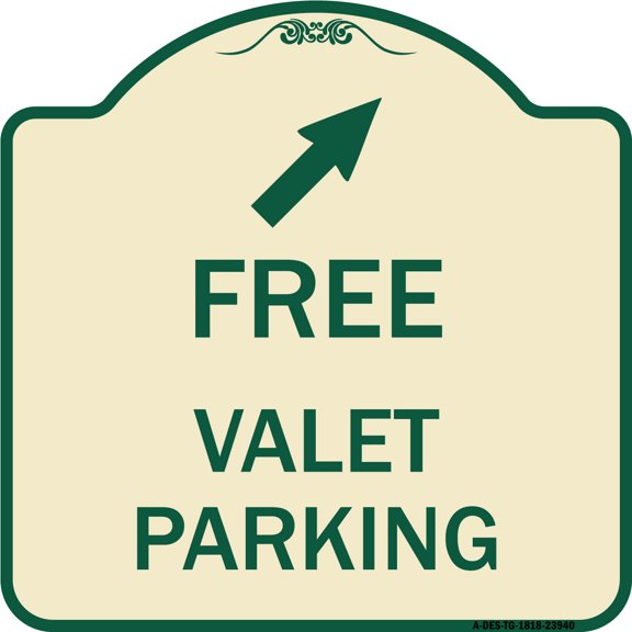 SignMission Designer Series Sign - Free Valet Parking with Upper Right Arrow | Tan & Green 18" X 18" Heavy-Gauge Aluminum Architectural Sign | Protect Your Business & Municipality |
