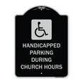thumbnail image 1 of SignMission Designer Series Sign - Handicapped Parking During Church Hours (With Graphic) | Black & Silver 18" x 24" Heavy-Gauge Aluminum Architectural Sign | Made in the USA, 1 of 4