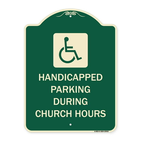 SignMission Designer Series Sign - Handicapped Parking During Church Hours (With Graphic) | Green & Tan 18" x 24" Heavy-Gauge Aluminum Architectural Sign | Made in the USA