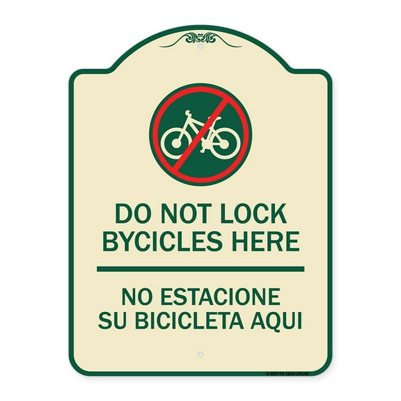 SignMission Designer Series Sign - Do Not Lock Bicycles Here - No Estacione Su Bicicleta Aqui (With No Bicycle Graphic) | Tan & Green 18" x 24" Heavy-Gauge Aluminum Architectural Sign