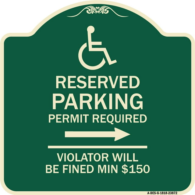 SignMission Designer Series Sign - Modern Isa Symbol) Connecticut Reserved Parking Permit Required Violators Will Be Fined Min $150 (With Right Arrow) | Green & Tan 18" X 18"