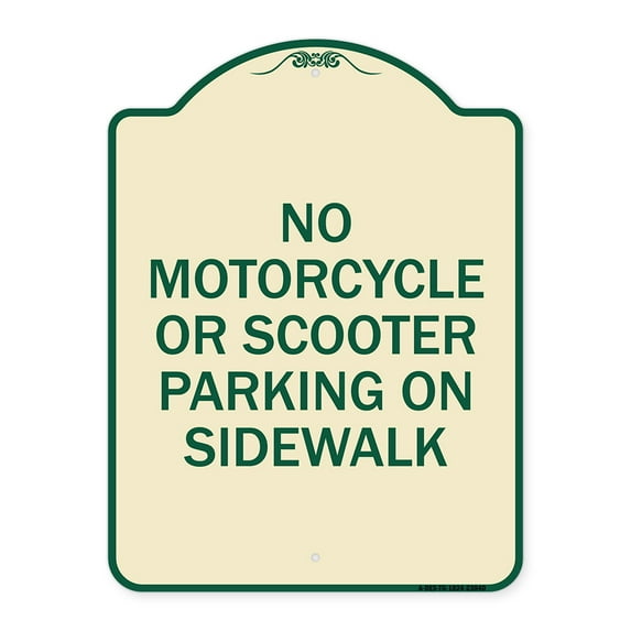 SignMission Designer Series Sign - No Motorcycle or Scooter Parking on Sidewalk | Tan & Green 18" x 24" Heavy-Gauge Aluminum Architectural Sign | Made in the USA