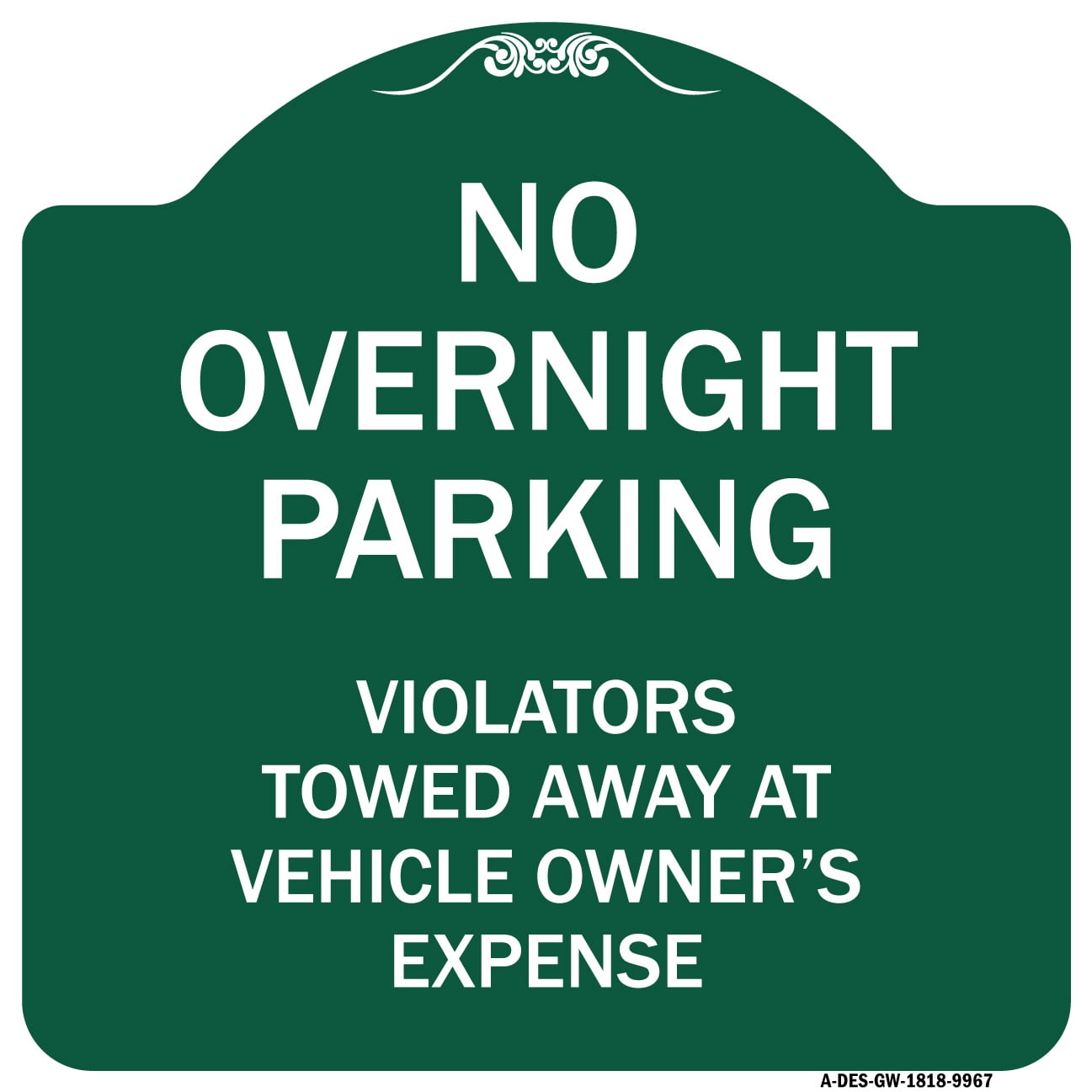 SignMission Designer Series Sign No Overnight Parking Green & White