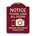 thumbnail image 1 of SignMission Designer Series Sign - Notice Please Lock All Doors Remove Valuable from Sight (With Cell Phone and Camera Graphic | Burgundy 18" x 24" Heavy-Gauge Aluminum Architectural, 1 of 4