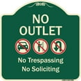 thumbnail image 1 of SignMission Designer Series Sign - No Outlet No Trespassing Or Soliciting With No Car And No U-turn Symbols | Green & Tan 18" X 18" Heavy-Gauge Aluminum Architectural Sign | Made in the, 1 of 4
