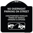 thumbnail image 1 of SignMission Designer Series Sign - No Overnight Parking on Street Unauthorized Vehicles Towed at Vehicle Owner's Expense (With Car Tow Graphic) | Black & White 18" X 18" Heavy-Gauge Aluminum, 1 of 4