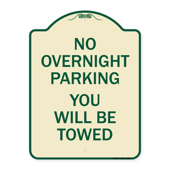 SignMission Designer Series Sign - No Overnight Parking You Will Be Towed | Tan & Green 18" x 24" Heavy-Gauge Aluminum Architectural Sign | Protect Your Business & Municipality | Made