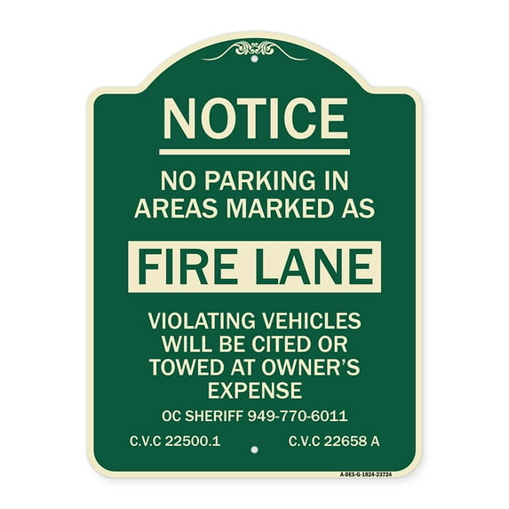 SignMission Designer Series Sign - No Parking in Areas Marked as Fire Lane CVC Section 22500.1 and 22658 A | Green & Tan 18" x 24" Heavy-Gauge Aluminum Architectural Sign | Made in the