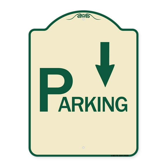SignMission Designer Series Sign - Parking with Arrow Pointing Down | Tan & Green 18" x 24" Heavy-Gauge Aluminum Architectural Sign | Protect Your Business & Municipality | Made in the