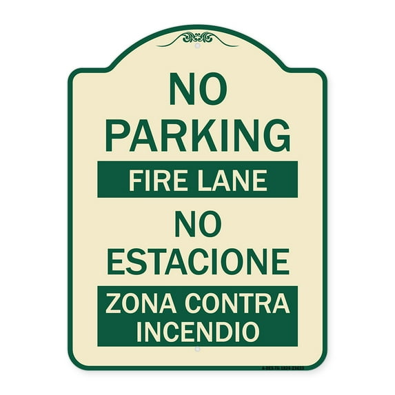 SignMission Designer Series Sign - No Parking - Fire Lane - No Estacione Zona Contra Incendio | Tan & Green 18" x 24" Heavy-Gauge Aluminum Architectural Sign | Made in the USA