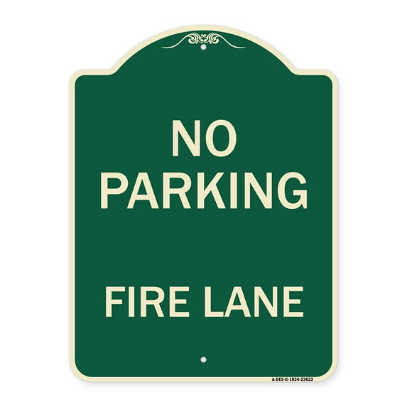 SignMission Designer Series Sign - No Parking Fire Lane | Green & Tan 18" x 24" Heavy-Gauge Aluminum Architectural Sign | Protect Your Business & Municipality | Made in the USA