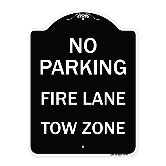 SignMission Designer Series Sign - No Parking Fire Lane Tow Zone (K-1645) | Black & White 18" x 24" Heavy-Gauge Aluminum Architectural Sign | Protect Your Business & Municipality | Made