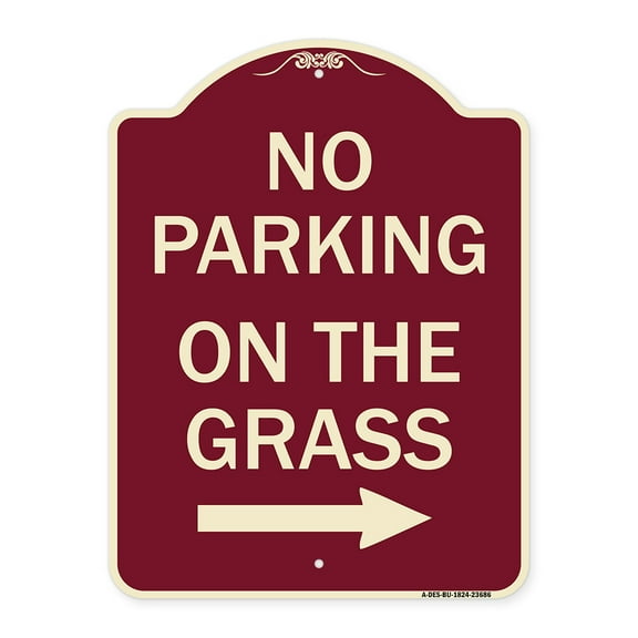 SignMission Designer Series Sign - No Parking on the Grass with Right Arrow | Burgundy 18" x 24" Heavy-Gauge Aluminum Architectural Sign | Protect Your Business & Municipality | Made in
