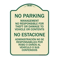 SignMission Designer Series Sign - No Parking Management Not Responsible for Theft or Damage to Vehicle or Contents | Tan & Green 18" x 24" Heavy-Gauge Aluminum Architectural Sign |