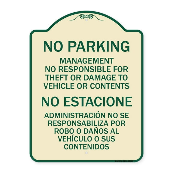 SignMission Designer Series Sign - No Parking Management Not Responsible for Theft or Damage to Vehicle or Contents | Tan & Green 18" x 24" Heavy-Gauge Aluminum Architectural Sign |