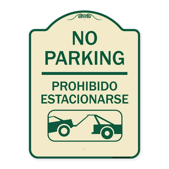 SignMission Designer Series Sign - No Parking - Prohibido Estacionarse (With Car Tow Graphic | Tan & Green 18" x 24" Heavy-Gauge Aluminum Architectural Sign | Made in the USA