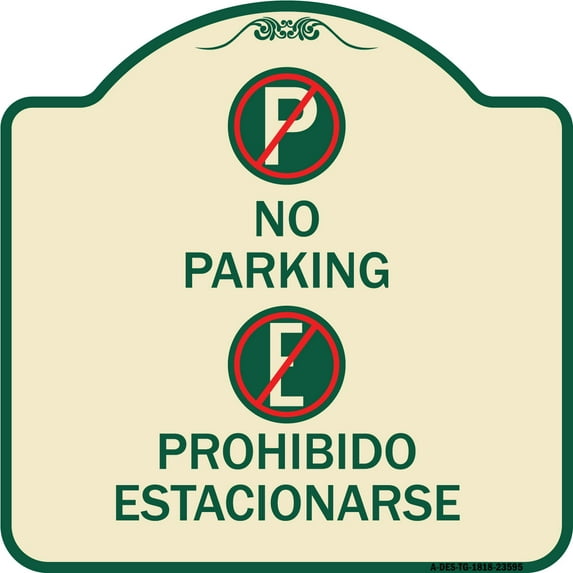 SignMission Designer Series Sign - No Parking Prohibido Estacionarse (With Symbol) | Tan & Green 18" X 18" Heavy-Gauge Aluminum Architectural Sign | Made in the USA
