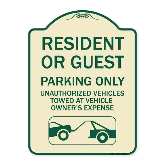 SignMission Designer Series Sign - Parking Restriction Sign Resident or Guest Parking Only Unauthorized Vehicles Towed at Owner Expense with Graphic | Tan & Green 18" x 24" Heavy-Gauge