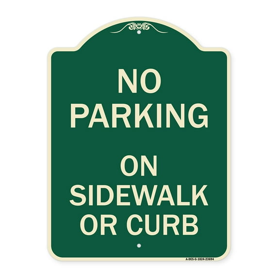 SignMission Designer Series Sign - No Parking on Sidewalk or Curb | Green & Tan 18" x 24" Heavy-Gauge Aluminum Architectural Sign | Protect Your Business & Municipality | Made in the