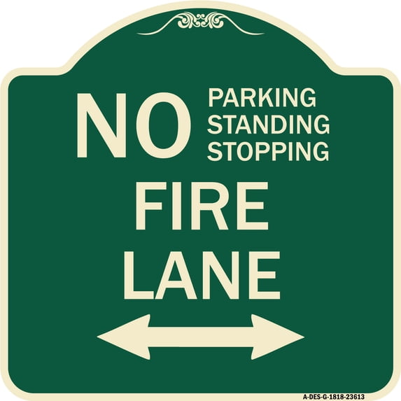 SignMission Designer Series Sign - No Parking Standing or Stopping Fire Lane with Bidirectional Arrow | Green & Tan 18" X 18" Heavy-Gauge Aluminum Architectural Sign | Made in the USA