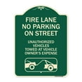 thumbnail image 1 of SignMission Designer Series Sign - No Parking on Street Unauthorized Vehicles Towed at Vehicle Owner's Expense (With Car Tow Graphic) | Green & Tan 18" x 24" Heavy-Gauge Aluminum, 1 of 4