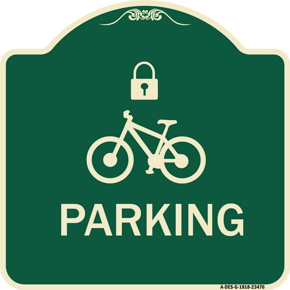 SignMission Designer Series Sign - Parking (With Cycle and Lock Symbol) | Green & Tan 18" X 18" Heavy-Gauge Aluminum Architectural Sign | Protect Your Business & Municipality | Made in
