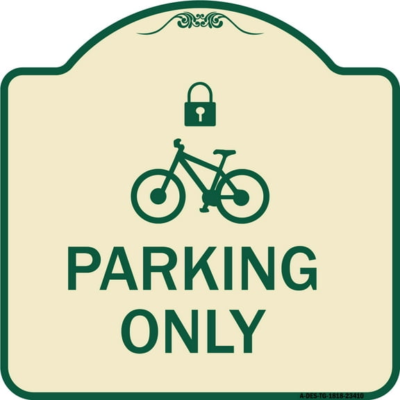 SignMission Designer Series Sign - Parking Only (With Cycle and Lock Symbol) | Tan & Green 18" X 18" Heavy-Gauge Aluminum Architectural Sign | Protect Your Business & Municipality |