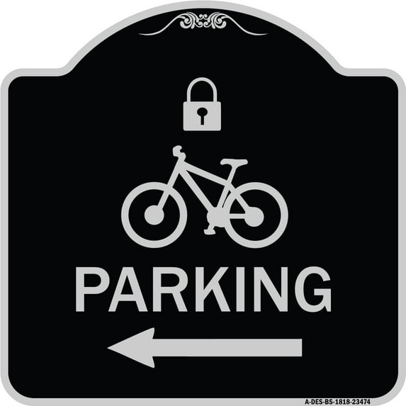 SignMission Designer Series Sign - Parking (With Lock Cycle & Left Arrow Symbol) | Black & Silver 18" X 18" Heavy-Gauge Aluminum Architectural Sign | Made in the USA