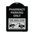 thumbnail image 1 of SignMission Designer Series Sign - Pharmacy Parking Only Tow Away Zone (With Car Tow Graphic) | Black & Silver 18" x 24" Heavy-Gauge Aluminum Architectural Sign | Made in the USA, 1 of 4