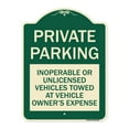 thumbnail image 1 of SignMission Designer Series Sign - Private Parking Inoperable or Unlicensed Vehicles Towed at Vehicle Owner's Expense | Green & Tan 18" x 24" Heavy-Gauge Aluminum Architectural Sign, 1 of 4