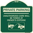 thumbnail image 1 of SignMission Designer Series Sign - Private Parking - Unauthorized Cars Will Be Towed at Owner's Expense (With Car Towing Graphic) | Green & Tan 18" X 18" Heavy-Gauge Aluminum, 1 of 4