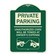 thumbnail image 1 of SignMission Designer Series Sign - Private Parking - Unauthorized Cars Will Be Towed at Owner's Expense (With Car Towing Graphic) | Green & Tan 18" x 24" Heavy-Gauge Aluminum, 1 of 4