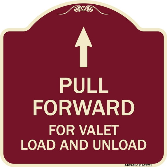 SignMission Designer Series Sign - Pull Forward for Valet Load and Unload (With Up Arrow) | Burgundy 18" X 18" Heavy-Gauge Aluminum Architectural Sign | Made in the USA