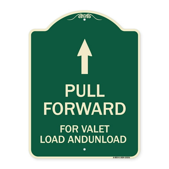 SignMission Designer Series Sign - Pull Forward for Valet Load and Unload (With Up Arrow) | Green & Tan 18" x 24" Heavy-Gauge Aluminum Architectural Sign | Made in the USA