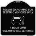 thumbnail image 1 of SignMission Designer Series Sign - Reserved Parking for Electric Vehicles Only - 4 Hour Limit - Violators Will Be Towed | Black & Silver 18" X 18" Heavy-Gauge Aluminum Architectural, 1 of 4