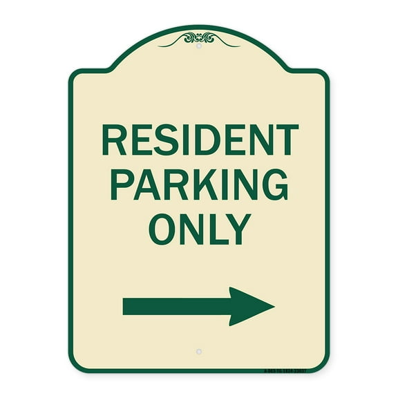 SignMission Designer Series Sign - Reserved Parking Sign Resident Parking Only (With Right Arrow) | Tan & Green 18" x 24" Heavy-Gauge Aluminum Architectural Sign | Made in the USA