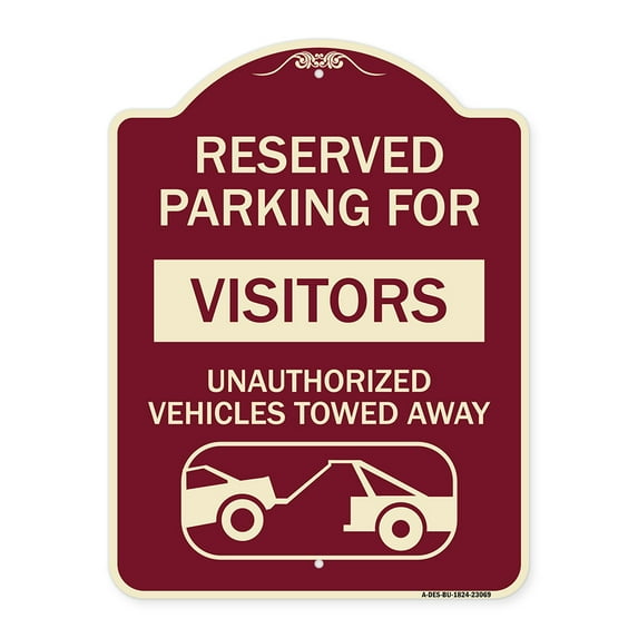 SignMission Designer Series Sign - Reserved Parking for Visitors Unauthorized Vehicles Towed Away (With Tow Away Graphic) | Burgundy 18" x 24" Heavy-Gauge Aluminum Architectural Sign