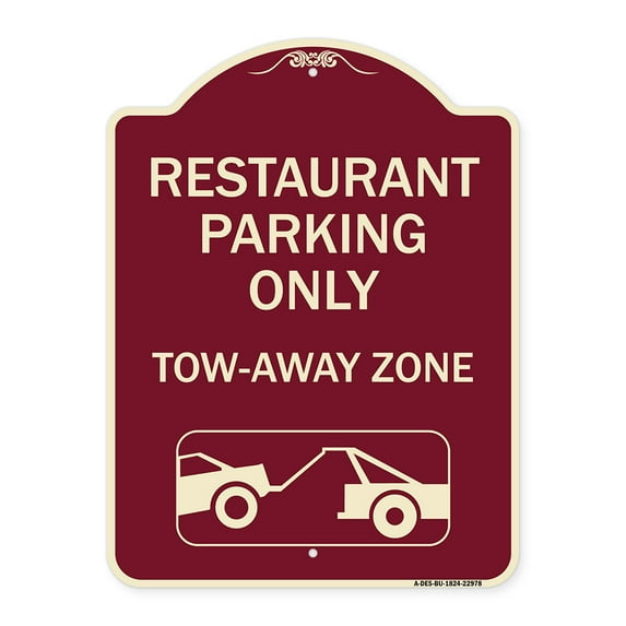 SignMission Designer Series Sign - Restaurant Parking Only Tow-Away Zone (With Car Tow Graphic) | Burgundy 18" x 24" Heavy-Gauge Aluminum Architectural Sign | Made in the USA